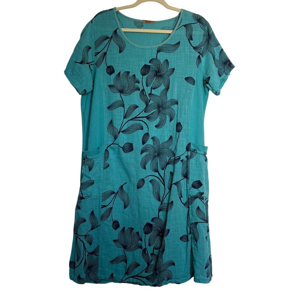 Beyond Capri Dress Women L Blue Black Floral Linen Lagenlook Coastal Vacation‎